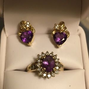 14k gold Amethyst Ring and Heart Earrings Set